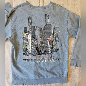 Zara Men's Large Blue Crewneck Random Tokyo Graphic Print Sweatshirt Cozy Soft